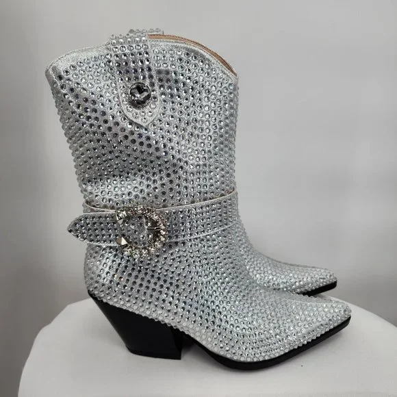 AZALEA WANG Federica Silver Crystal Shortie Western Cowgirl Boots 6-10 NWT - Picture 4 of 10
